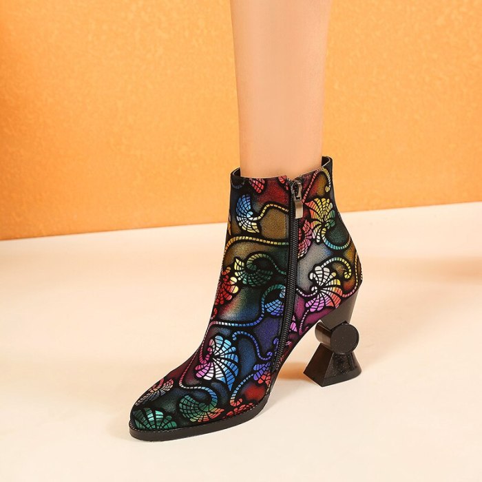 2020 European and American style colorful graffiti High heel short boots warm round head women's boots cotton shoes 34-43