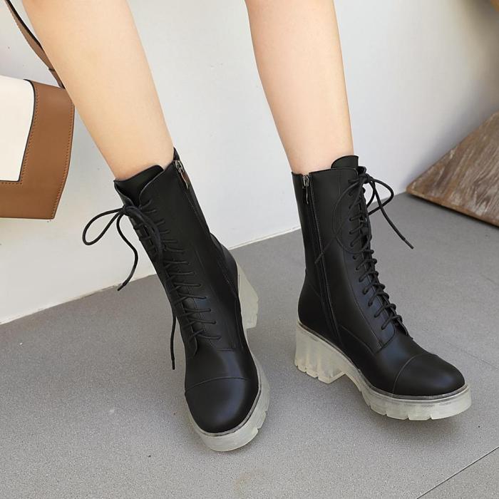 Size35-41 Chunky Motorcycle Boots For Women Autumn 2020 Fashion Round Toe Lace-up Combat Boots Ladies Shoes