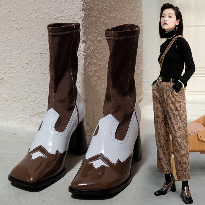 Western Punk Autumn Winter strange High Heel Black Leather Square Toe Mature Shoes Women 2020 Ankle Cowboy Boots For Women 34-39
