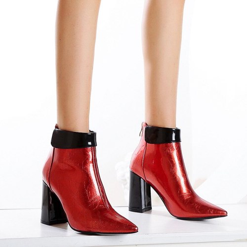 2020 Fashion Pointed Toe Ankle Boots Autumn Winter Women Boots Patent Leather Square High Heel Booties Ladies Shoes 33-43