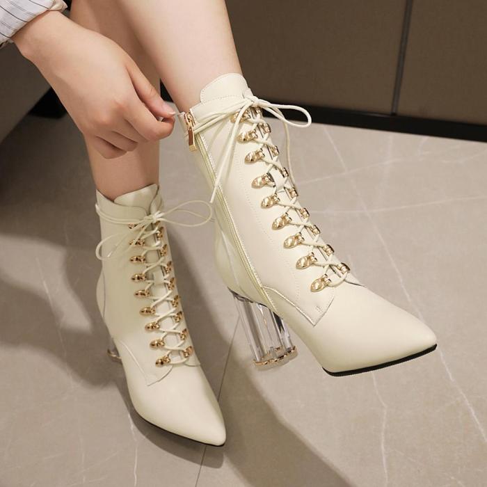 2020 Sequins PU Leather Fashion Transparent Square Heel Ankle Boots Autumn Winter Pointed Toe Zipper Women Shoes Size 34-43