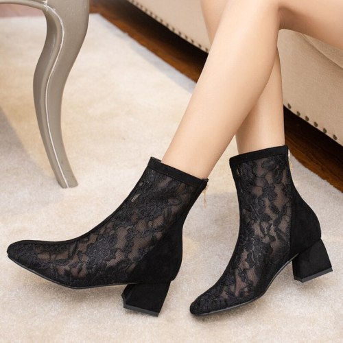 2020 new ankle boots women round toe zip square heels mesh Hollowing out simple ladies prom summer shoes women boots 34-43