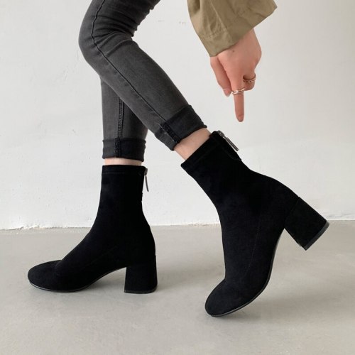 Women Boots Fashion Simple Ankle Boots Women Square Heel Zipper Short Boots Ladies Round Toe Autumn Winter Shoes Black 40 41 42