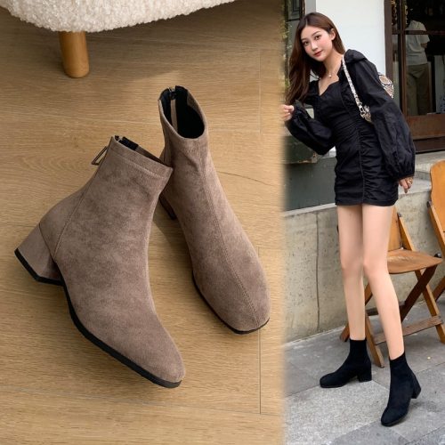 High Quality Thick High Heels Women Ankle Boots Square Toe Zip Footwear PU Leather Female Boot Shoes Woman 2020 New Winter 32 33