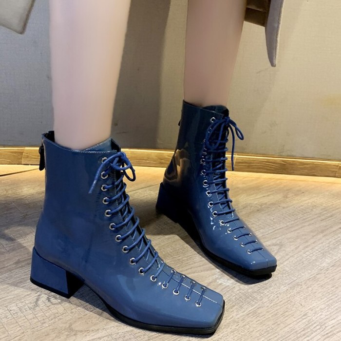 Concise lace up Women's Ankle Boots Winter 2020 Women Fashion Square Toe High Heels motorcycle boots Shoes Woman 35 36 37 38 39