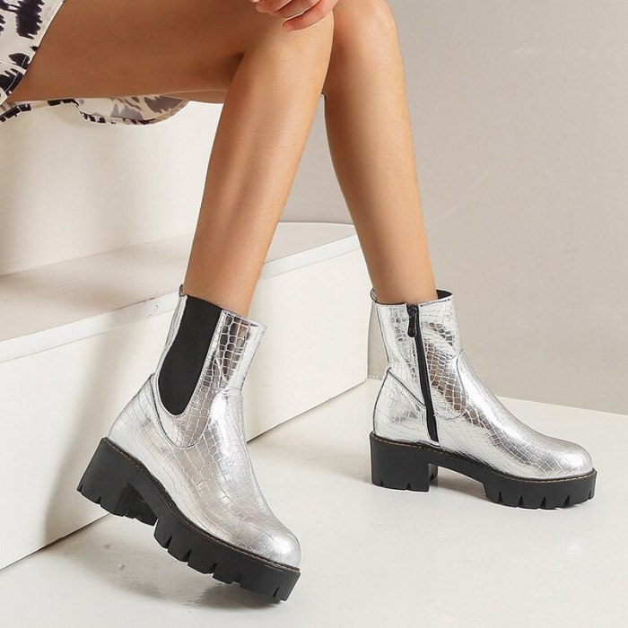 Black Silver Yellow Fashion Women Boots Thick-soled High Heels Ankle Boots Autumn Winter Zipper Motorcycle women's Shoes 2020
