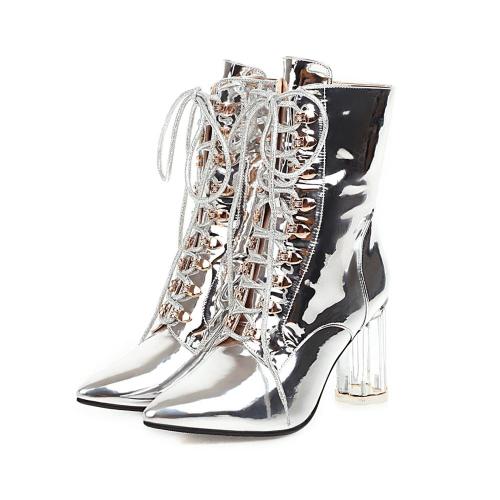 2020 Sequins PU Leather Fashion Transparent Square Heel Ankle Boots Autumn Winter Pointed Toe Zipper Women Shoes Size 34-43