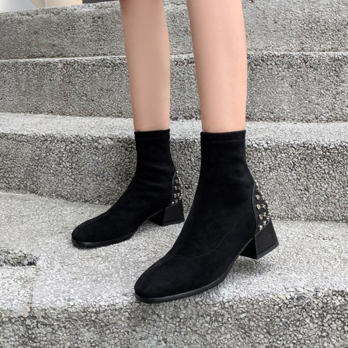 Quality Suede Leather Ankle Boots For Women Comfy Low Heels Black Sock Boots Women's Shoes Autumn Slim Short Boots Shoes Woman