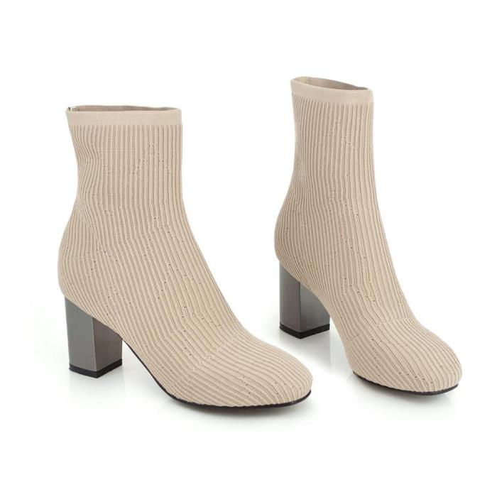2020 Spring Fashion Women Boots Beige Pointed Toe Yarn Elastic Ankle Boots Thick Heels Shoes Autumn Winter Female Socks Boots
