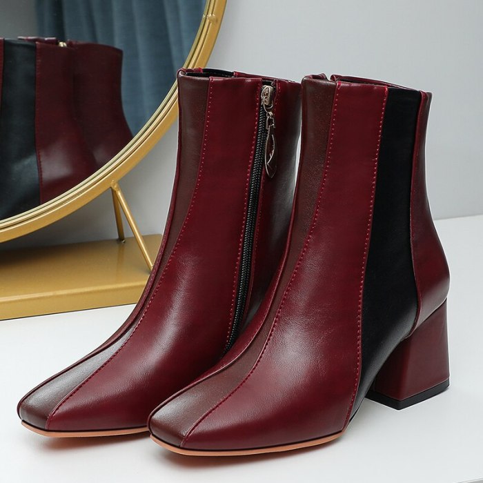 2020 Autumn new color matching women's boots square toe thick-soled high-heeled fashion boots elegant and versatile women's shoe