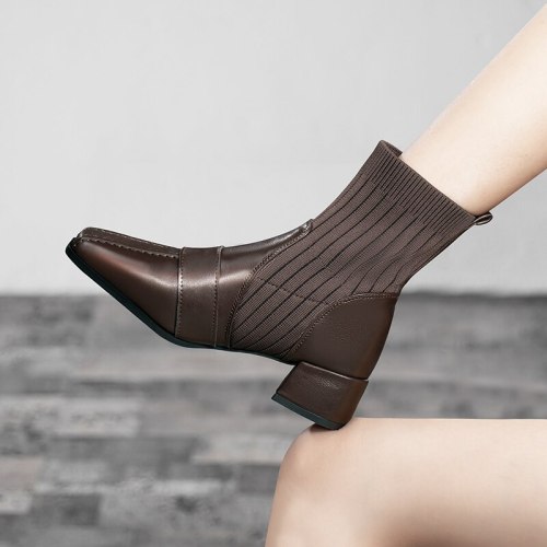 2021 Autumn Women Boots Square toe knitted women's boots High Heel Ankle Boots Fashion Square Toe Boots Black zapatos de mujer
