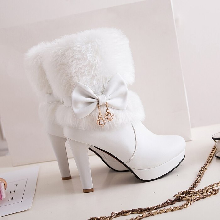 Women Boots Autumn Winter Warm Fur 2020 New Sexy Fashion Pu Ankle Boots Motorcycle Snow Boots Black Pink White High-heeled Shoes