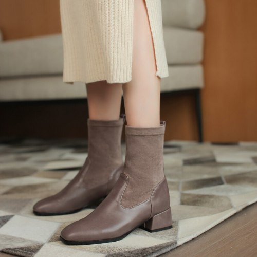 New Women Shoes High Heels Slip ankle boots winter Stretch socks boots elegant Square high heels shoes female Plus size 32- 43