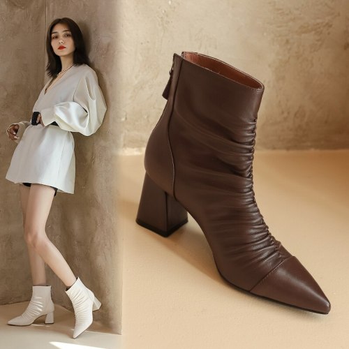 2021 Pointed Toe Fashion Woman Boots Genuine Leather Back Zipper Female Winter Boots Thick Heels Pumps Women Wedding Boots 35-42