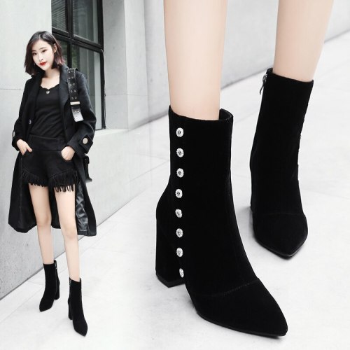 New Women Shoes High Heels Slip ankle boots winter Suede boots elegant Square high heels shoes female Plus size 34-41