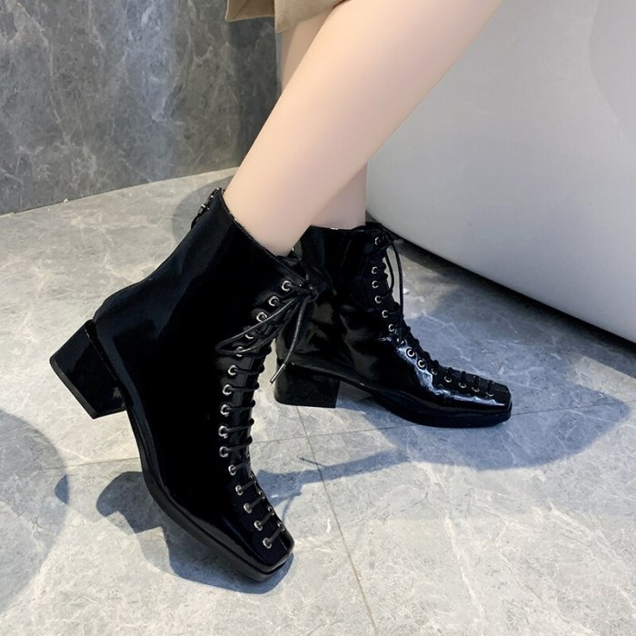 Concise lace up Women's Ankle Boots Winter 2020 Women Fashion Square Toe High Heels motorcycle boots Shoes Woman 35 36 37 38 39