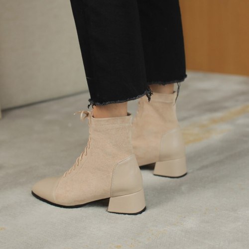 2020 Women Ankle Boots Elegant Office Lady Autumn Winter Shoes Woman Cross-Tied Thick Heels Zip Boots