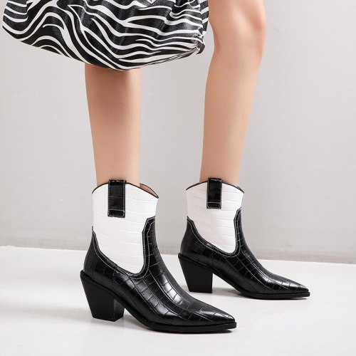 Black Sexy Cowboy Ankle Boots Women Shoes Fashion Snake Short Boots Women Pointed Heel Boots Autumn Large Size 41 Сапоги женские