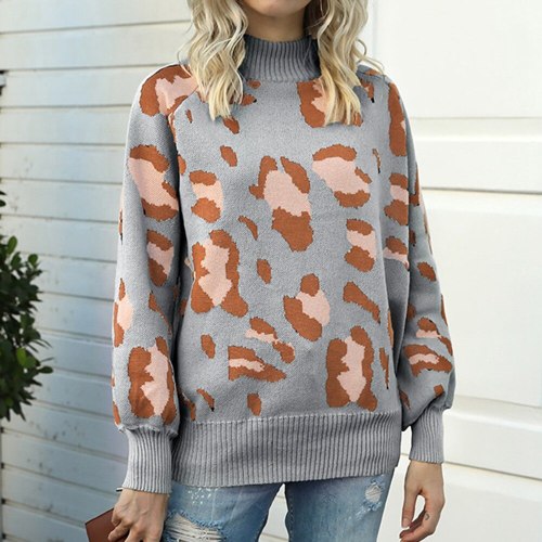 Woman Sweaters Leopard Print Knitted Sweaters Autumn Winter Turtleneck Lantern Sleeve Sweater Lady Casual Loose Pullover Jumper
