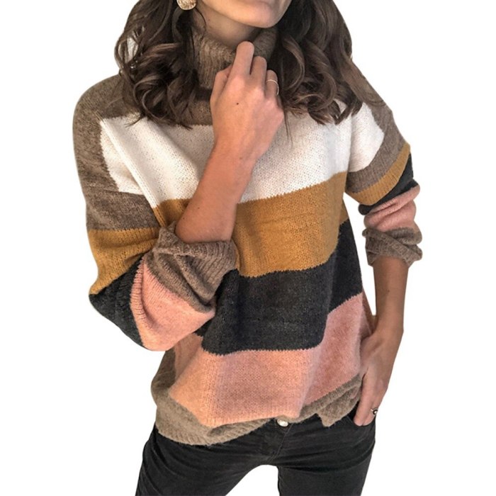 Vintage Striped Women Sweaters Autumn Winter Turtleneck Pullovers Female Knitted Tops Casual Femme Knitwear Oversize Sweater