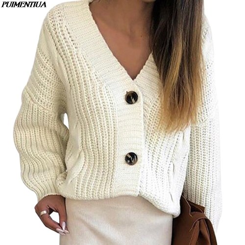 2020 Autumn Sweater Women V Neck Solid Loose Knitwear Single Breasted Casual Knit Cardigan Outwear Winter Jacket Coat Cloth