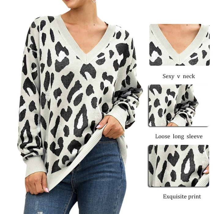 Women Sweater 2020 Spring Autumn Sexy Deep V Neck Long Sleeve Leopard Print Sweater Loose Knitted Pullover Jumper Tops