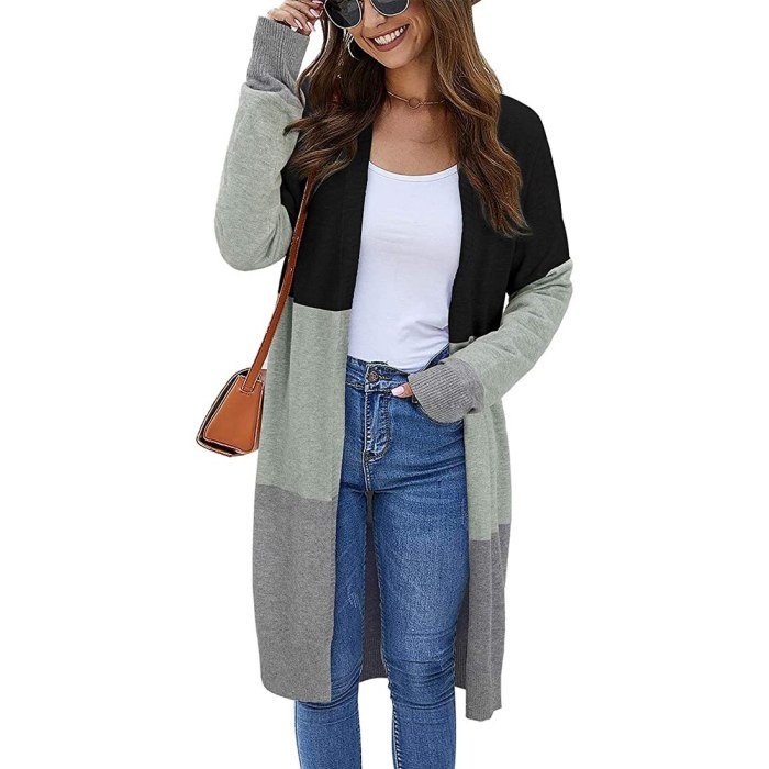 2020 Fashion Women's Spring Autumn Sweaters Open Front Cardigan Long Sleeve Colorblock Knit Sweaters With Pockets