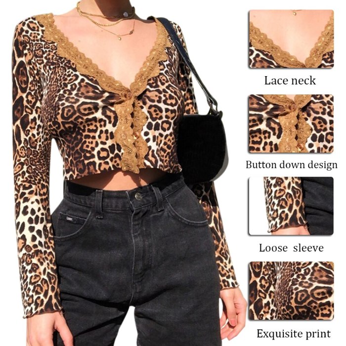 2020 Autumn New Arrival Fashion Slim Sexy Leopard Cardigan Lace Long Sleeve V-Neck Short Tops Women Short Shirt Printed Blousr