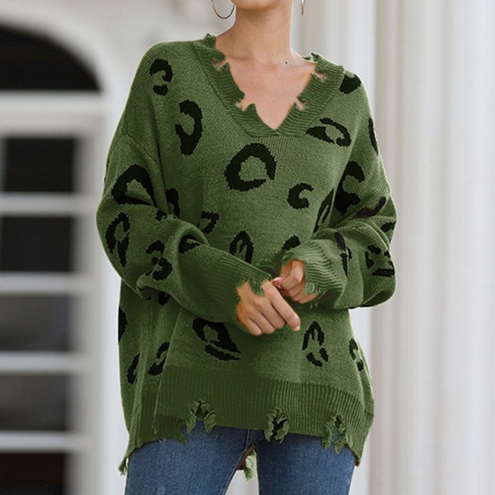 Adisputent Winter 2020 Leopard Print Long Pullovers Sweaters For Women Boho Loose Jumper Pull Femme Long Sleeve Knitted Sweater