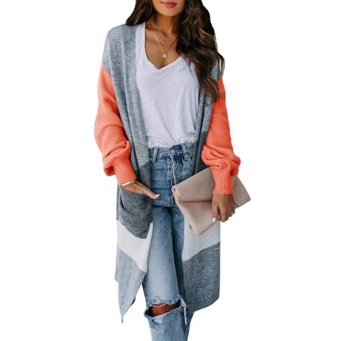 Women Fashion Lightweight Casual Sweater Striped Color Block Draped Loose Cardigan Knit Long Sleeve Open Front Thin Autumn Coat