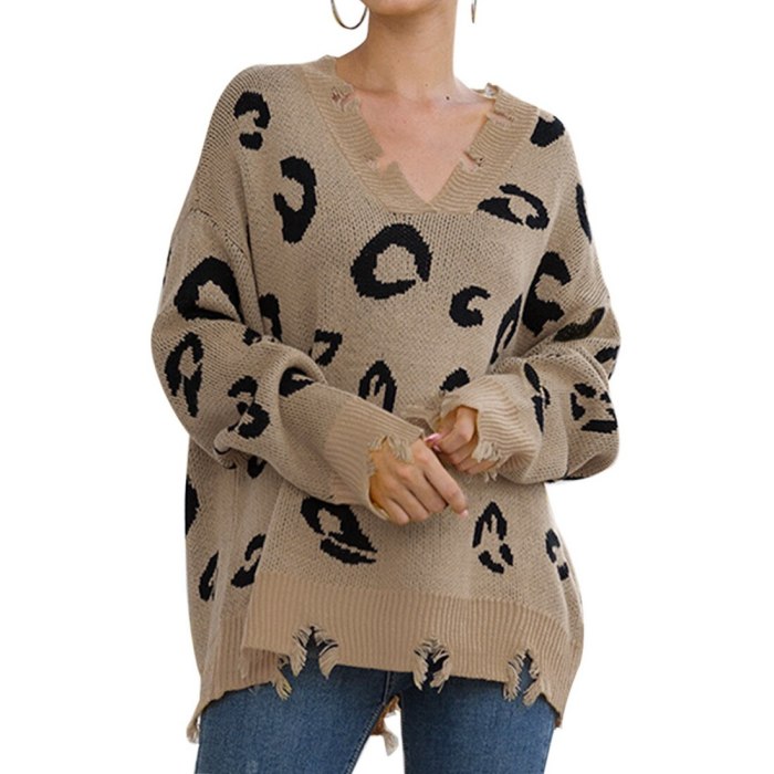 Adisputent Winter 2020 Leopard Print Long Pullovers Sweaters For Women Boho Loose Jumper Pull Femme Long Sleeve Knitted Sweater