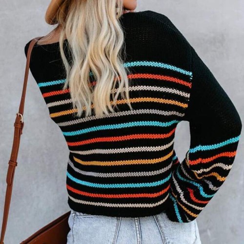 Sweater Womens Rainbow Striped Pullover Sweaters Oversized Loose Knit Crop Tops Hollow Sweater Female Autumn Streetwear