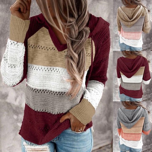 Fashion Tops Women Casual Patchwork V-Neck T-Shirt Long Sleeve Tee Plus Size Hooded Knitted Sweater Sexy Ladies Wild Loose Coat