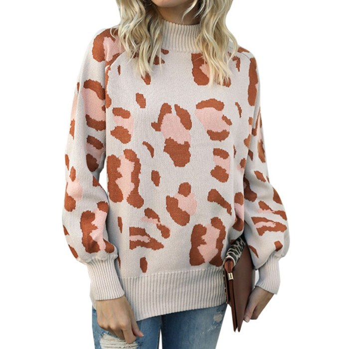 Woman Sweaters Leopard Print Knitted Sweaters Autumn Winter Turtleneck Lantern Sleeve Sweater Lady Casual Loose Pullover Jumper