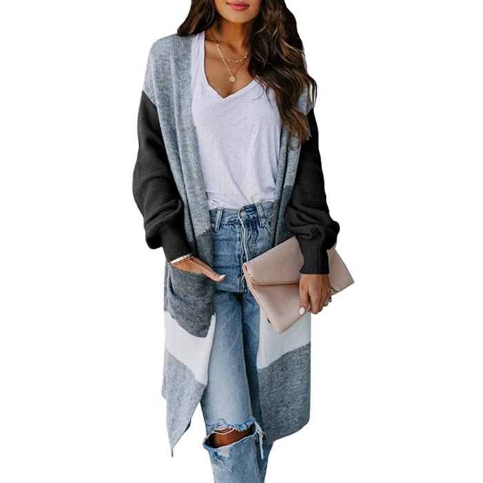 Women Fashion Lightweight Casual Sweater Striped Color Block Draped Loose Cardigan Knit Long Sleeve Open Front Thin Autumn Coat