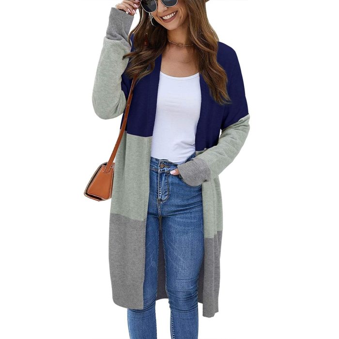 2020 Fashion Women's Spring Autumn Sweaters Open Front Cardigan Long Sleeve Colorblock Knit Sweaters With Pockets