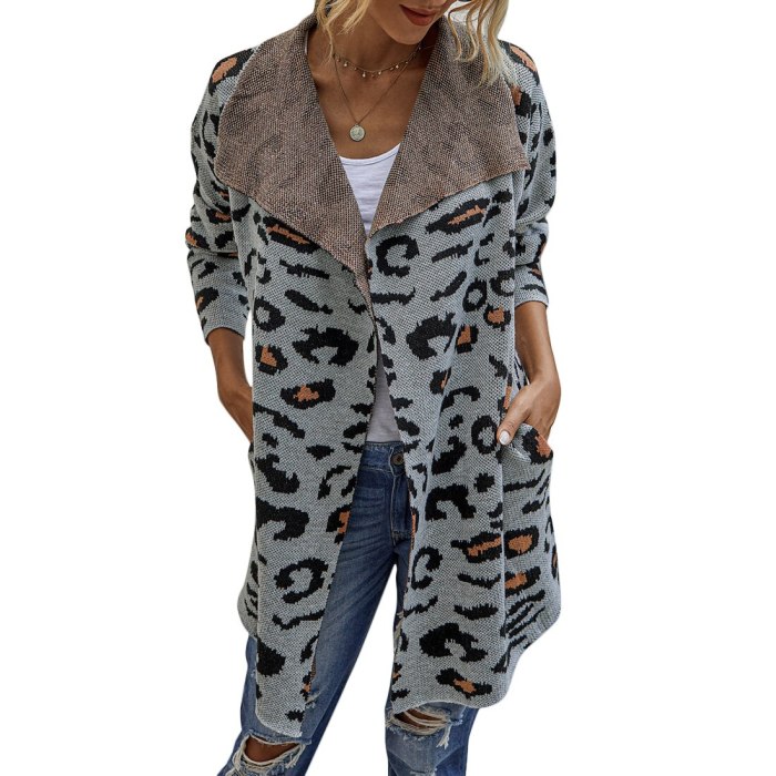 Womens Fashion Long Coat Cardigan Leopard Print Long Sleeve Lapel Pocket Coat Outerwear Knitted Sweater Ladies Autumn Outwear