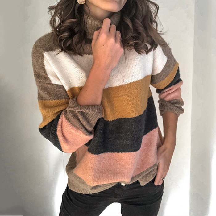 Vintage Striped Women Sweaters Autumn Winter Turtleneck Pullovers Female Knitted Tops Casual Femme Knitwear Oversize Sweater