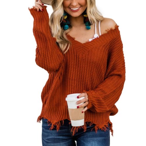 2020 New Fashion Off The Shoulder V-neck Autumn Sweater For Women Fringe Knitted Jumper Female Top Long Sleeve Pullover Knitwear