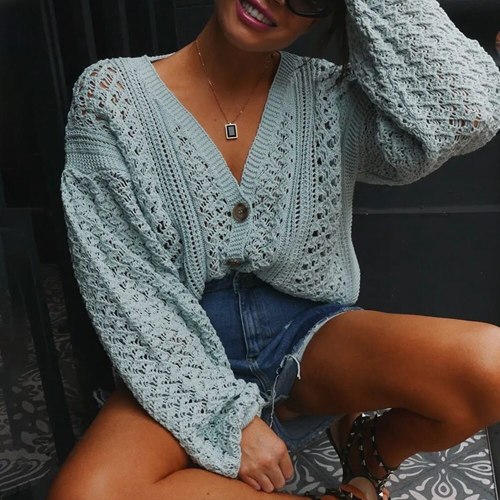 Women Hollow Out V-Neck Sexy Thin Sweaters Spring Autumn Ladies Sexy Casual Loose Bat Long Sleeve Knitted Solid Color Pullovers