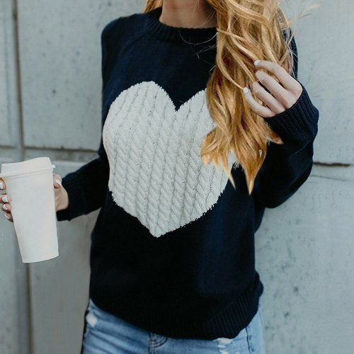 Autumn Women's Sweater Casual Street Clothes Moderate Knitting Pullover Lady Sweater Plus Size Hiver Heart Pattern Long Sleeve