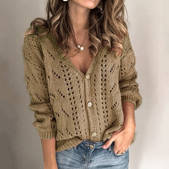 Women Sweater Hollow Out свитер женски Low V-Neck Knitwear Tops Button Up Knitted Cardigan Long Sleeve Sexy Tricot Sweater Coats