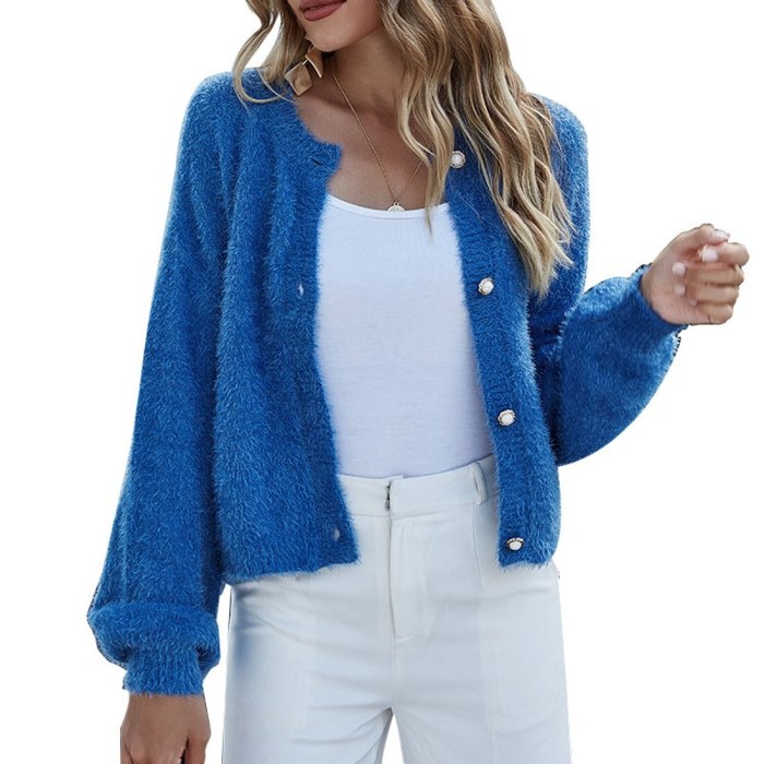 Fuzzy Knitted Short Cardigans Women O Neck Long Sleeve Buttoned Crop Sweaters Knitted Coat Jumper Autumn Pull Femme Dropship