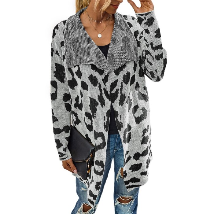 Womens Fashion Long Coat Cardigan Leopard Print Long Sleeve Lapel Pocket Coat Outerwear Knitted Sweater Ladies Autumn Outwear