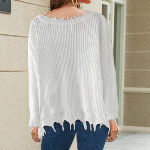 Knitted Sweater For Women Autumn Ripped V-Neck Loose Sweater Pullovers Oversized Ladies Sexy Tassel Sweater Tops