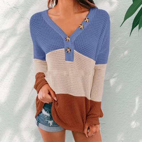 2020 Women Thin Sweater Patchwork Long Sleeve V-Neck Thin Pullovers Sun Protection Button Knitted Pullovers Female Autumn Top