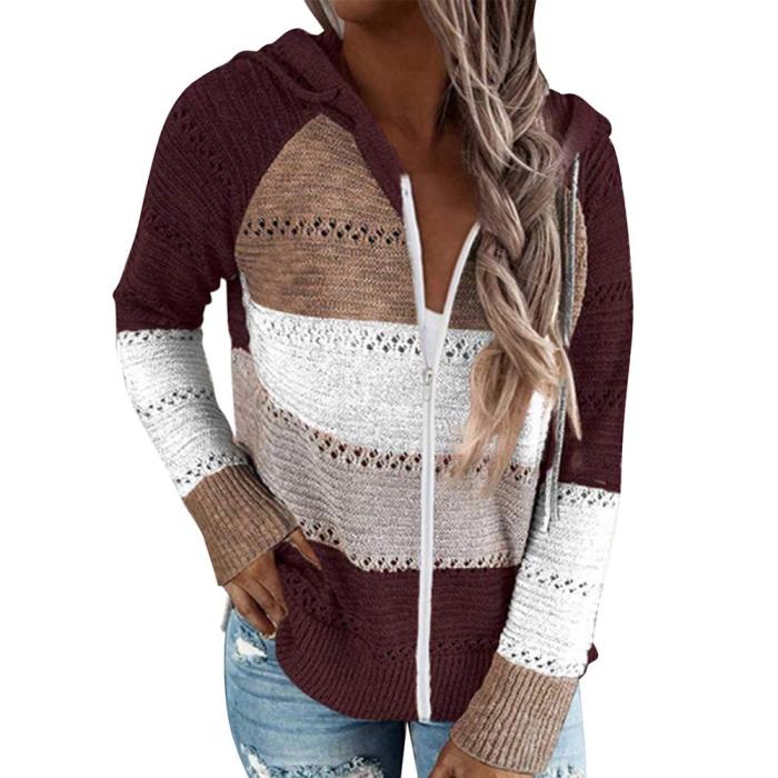 New Fall Winter Patchwork Hooded Sweaters for Women Long Sleeve V-Neck Slim Pullover Tops Jumper Plus Size Female Knit Sweaters