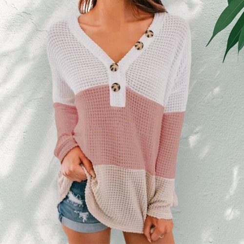 2020 Women Thin Sweater Patchwork Long Sleeve V-Neck Thin Pullovers Sun Protection Button Knitted Pullovers Female Autumn Top