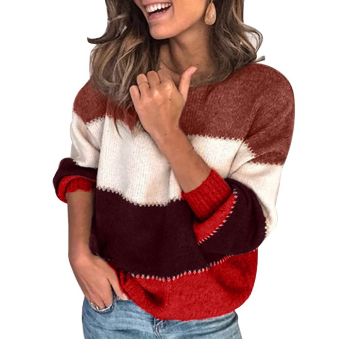 Fashion Women Striped Sweater Autumn Winter O Neck Long Sleeve Sweater Loose Knit Pullover Patchwork Pull Femme Jersey Mujer