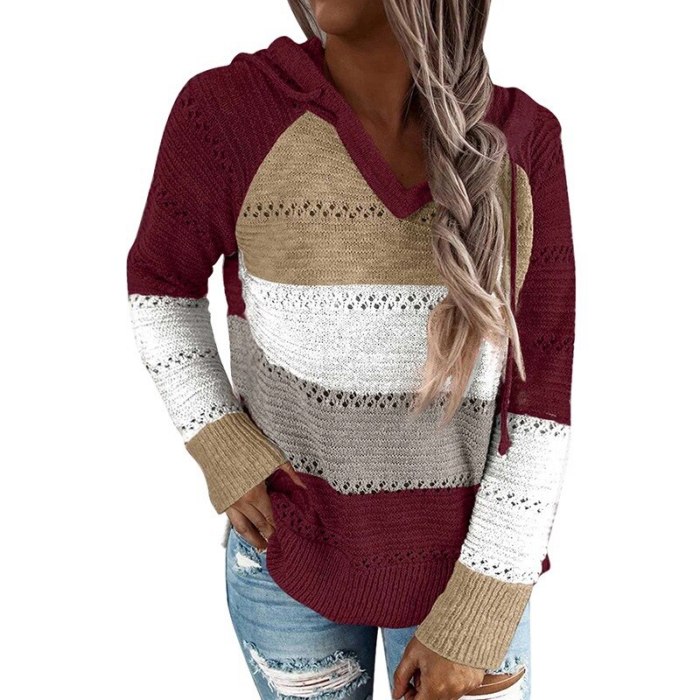 New Fall Winter Patchwork Hooded Sweaters for Women Long Sleeve V-Neck Slim Pullover Tops Jumper Plus Size Female Knit Sweaters